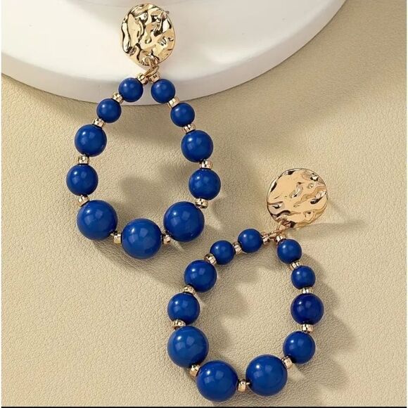 Blue & Gold Beaded Hoop Earrings - Picture 5 of 5